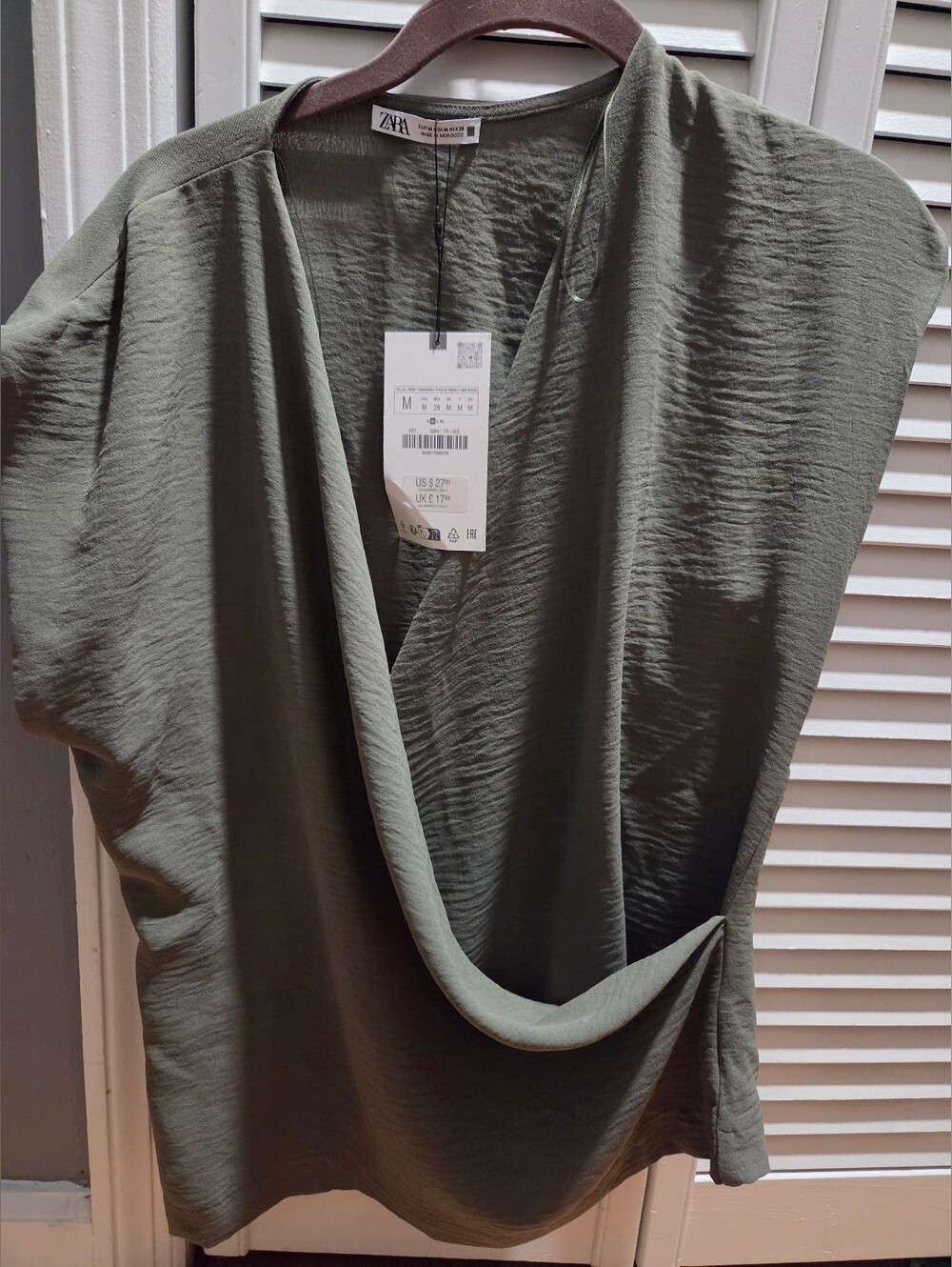 Zara Olive Green Draped V-Neck Women’s Top / NWT / Size Medium